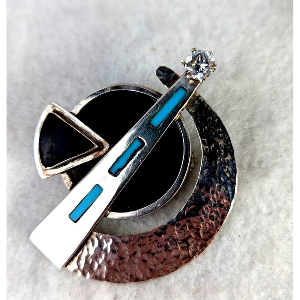 Vtge Pin Handmade SS Onyx Turq+ CZ Needs repair Signed Game of Throne inspire